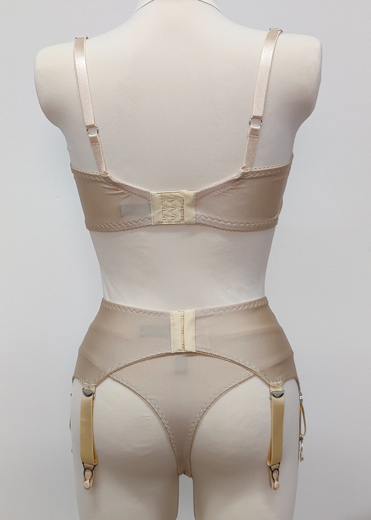 beige lace soft cup Alice bra with underwires, shown with Zigi thong and Scarlett garter belt, back view
