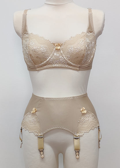 beige 6 strap Scarlett garter belt with side lace panels