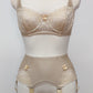 beige lace soft cup Alice bra with underwires, shown with wide Scarlett garter belt