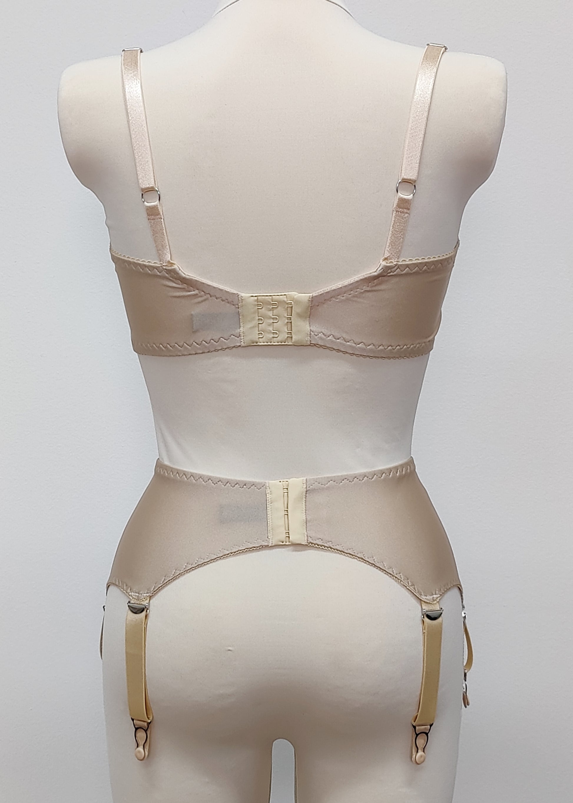 beige 6 strap Scarlett garter belt with side lace panels, back view