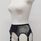 High waist Rita garter belt in black color with black lace side panels and 6 Y strap, side view