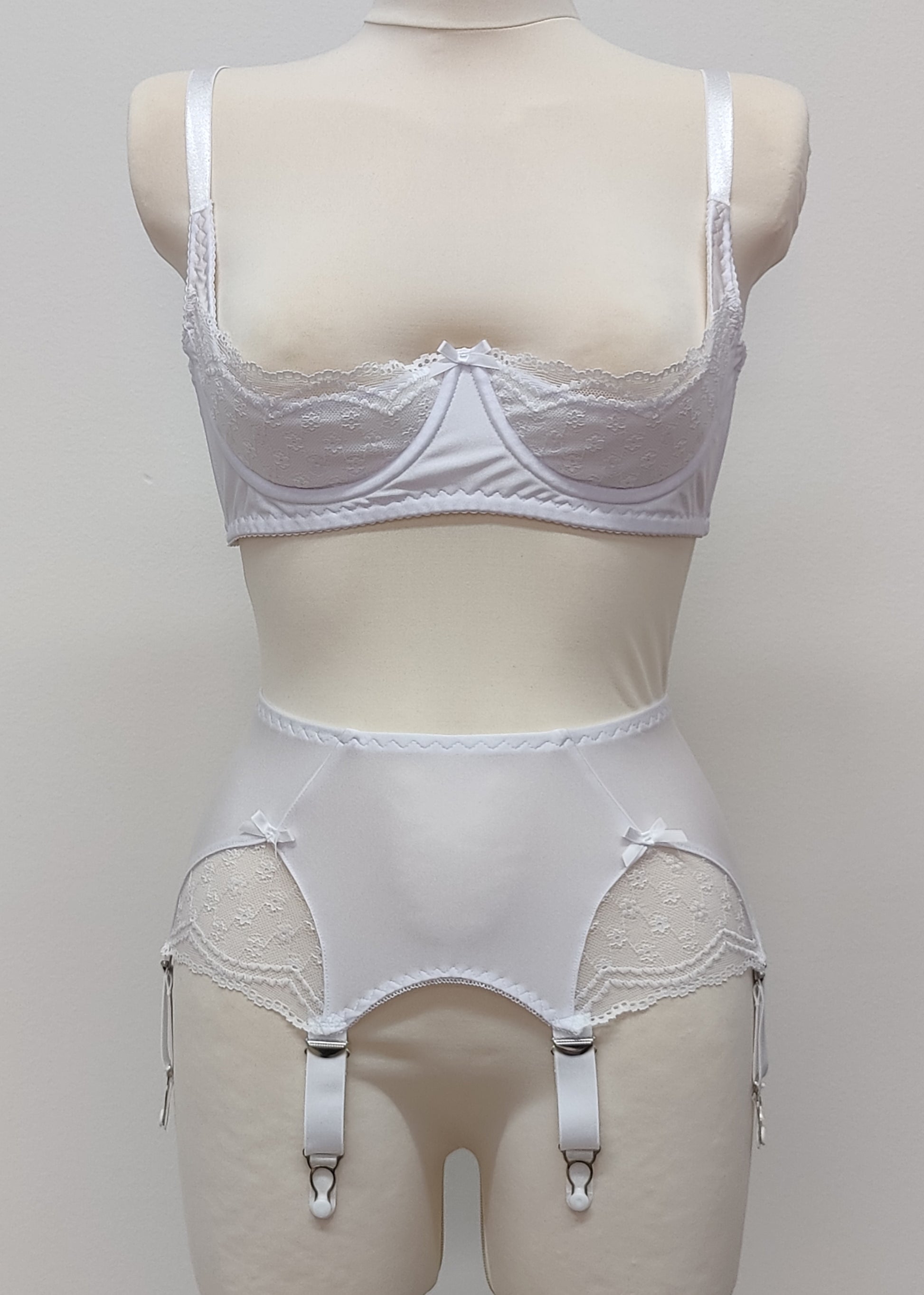 White lace quarter cup  Lucy bra, here with matching Scarlett suspender belt