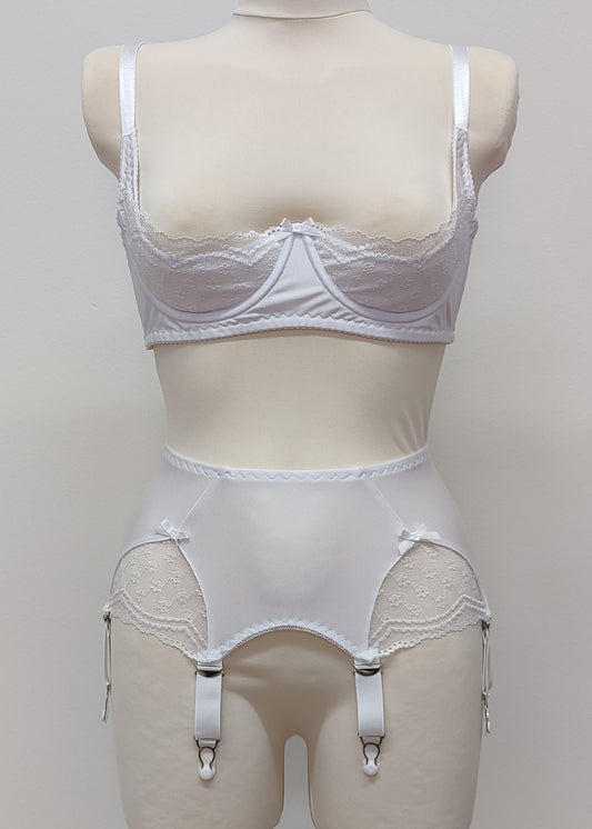 White lace quarter cup  Lucy bra, here with matching Scarlett suspender belt