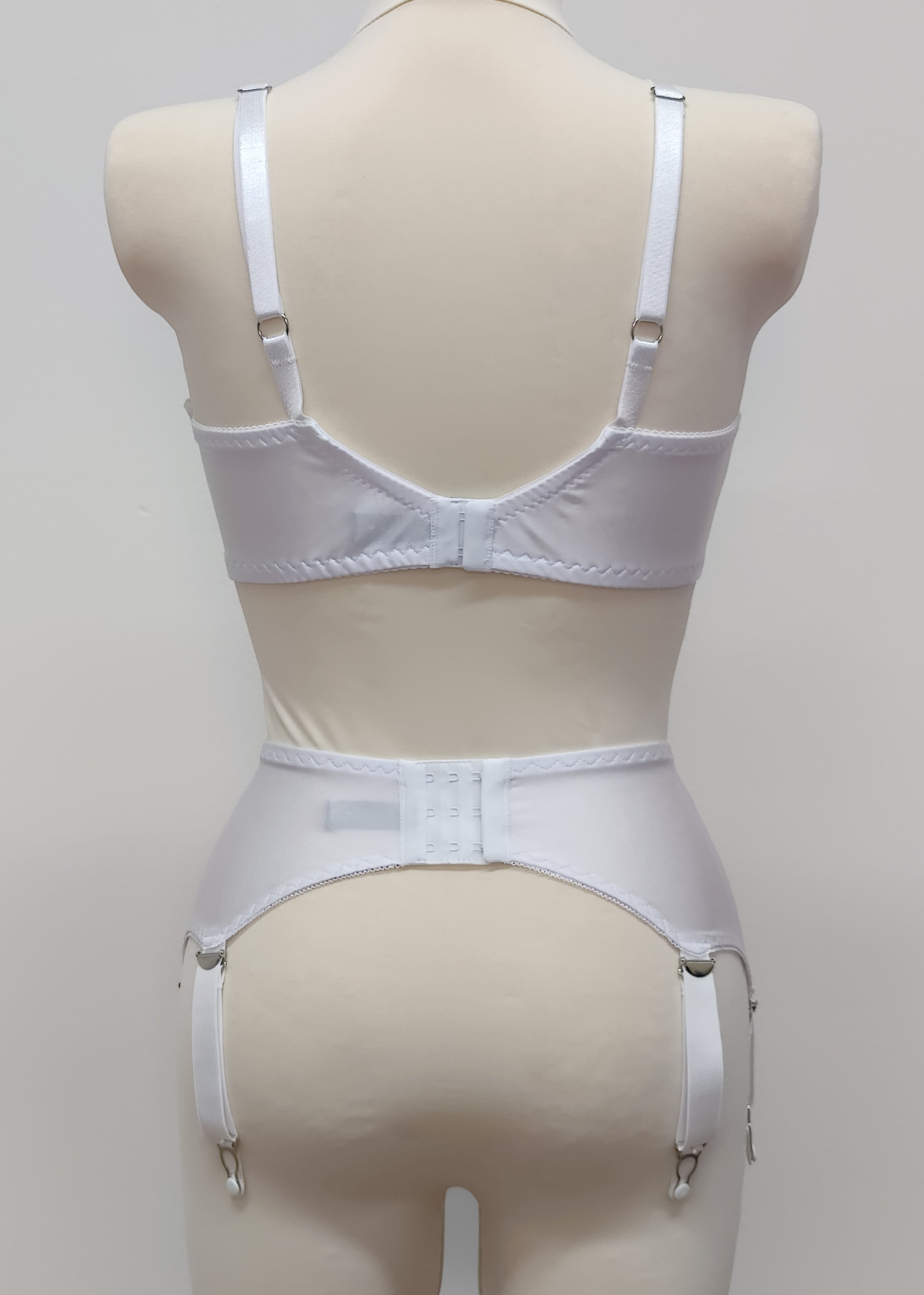 White lace quarter cup  Lucy bra, here with matching Scarlett suspender belt, back view