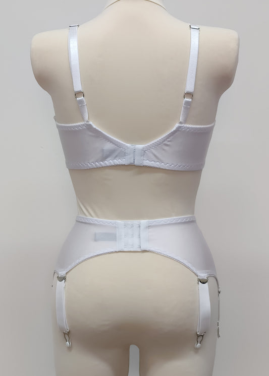 White lace quarter cup  Lucy bra, here with matching Scarlett suspender belt, back view