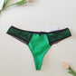 emerald green Zigi thong panties with black geometric lace on the front side panels