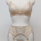 Beige lace 6 strap retro style Mona garter belt with side lace panels, shown with matching Coco bralette