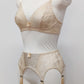 Beige lace 6 strap retro style Mona garter belt with side lace panels, shown with matching Coco bralette, side view