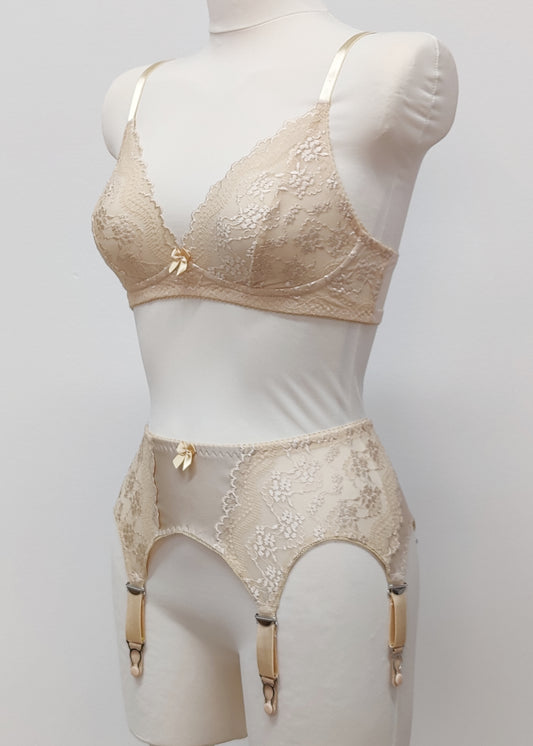 Beige lace 6 strap retro style Mona garter belt with side lace panels, shown with matching Coco bralette, side view
