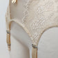 Beige lace 6 strap retro style Mona garter belt with side lace panels, detail