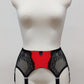 High waist Mona garter belt in red color with black lace side panels and 6 adjustable straps