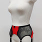 High waist Mona garter belt in red color with black lace side panels and 6 adjustable straps, side view