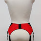 High waist Mona garter belt in red color with black lace side panels and 6 adjustable straps, back view