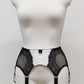 High waist Mona garter belt in white color with black lace side panels and 6 adjustable straps