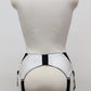High waist Mona garter belt in white color with black lace side panels and 6 adjustable straps, back view
