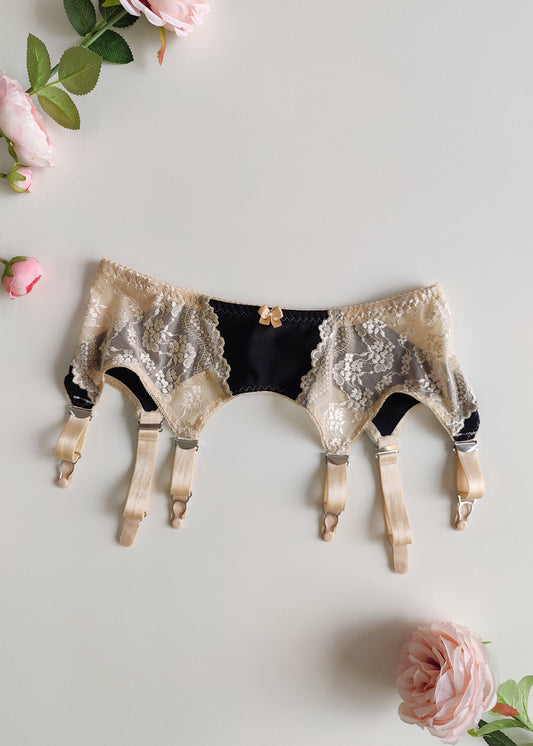 Black with Beige Lace MONA Suspender Belt size M