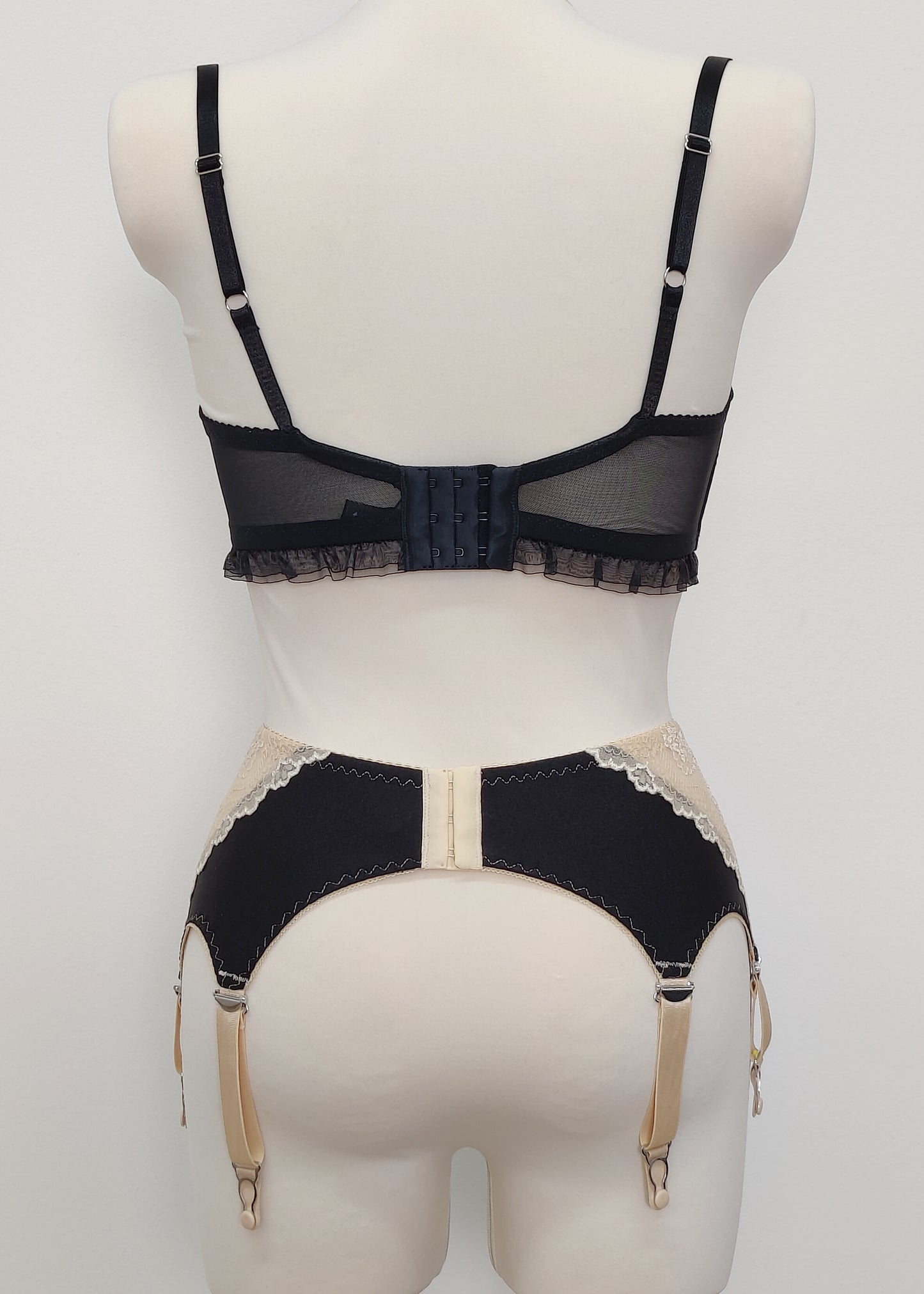 Black with Beige Lace MONA Suspender Belt size M
