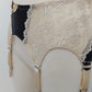 Black with beige lace 6 strap retro style Mona garter belt with side lace panels, detail