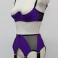 wide, vintage style, Grace garter belt, purple with black mesh panels and 6 extra wide straps, shown with matching Gina quarter cup bra, side view