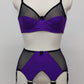 wide, vintage style, Grace garter belt, purple with black mesh panels and 6 extra wide straps, shown with matching Audrey soft cup bra