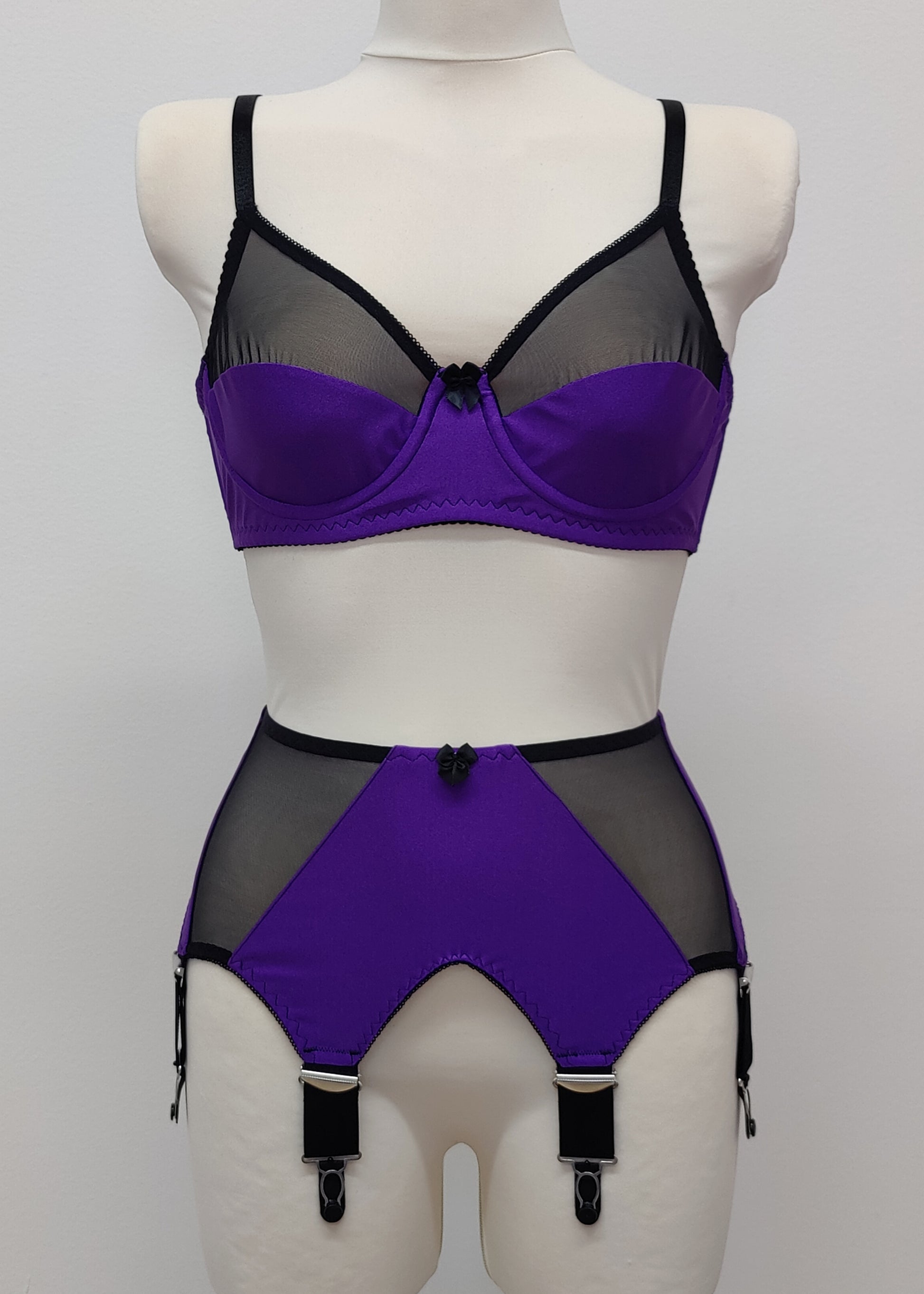 wide, vintage style, Grace garter belt, purple with black mesh panels and 6 extra wide straps, shown with matching Audrey soft cup bra