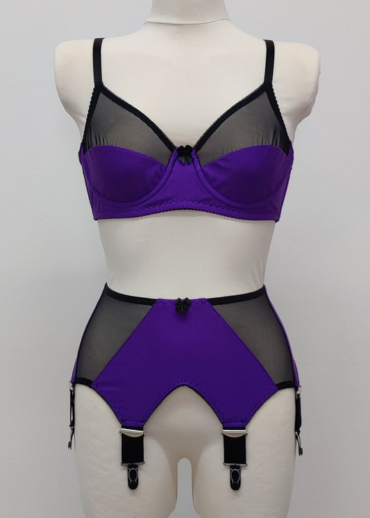 wide, vintage style, Grace garter belt, purple with black mesh panels and 6 extra wide straps, shown with matching Audrey soft cup bra