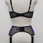 wide, vintage style, Grace garter belt, purple with black mesh panels and 6 extra wide straps, shown with matching soft cup bra
