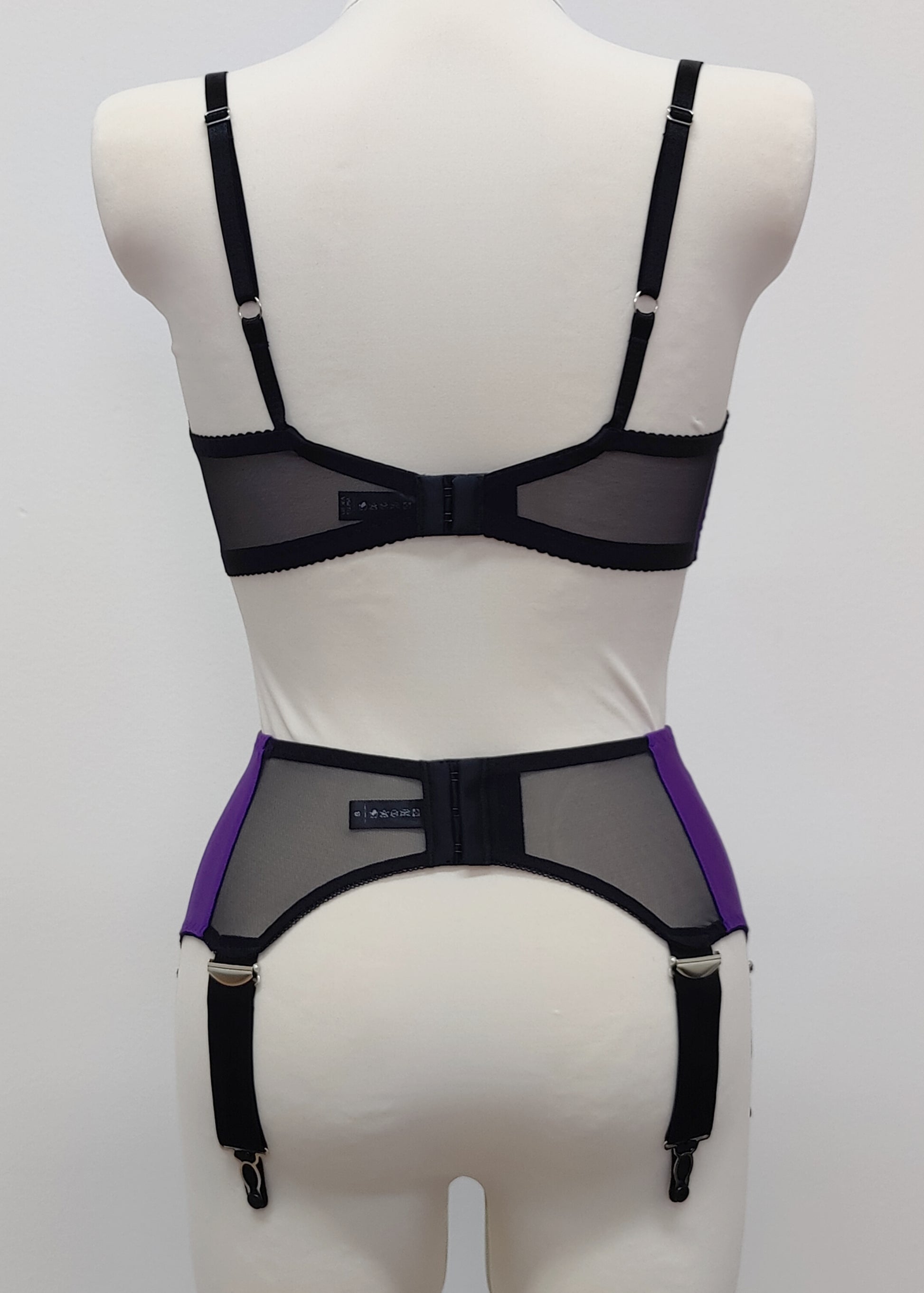 wide, vintage style, Grace garter belt, purple with black mesh panels and 6 extra wide straps, shown with matching soft cup bra