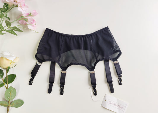 Black Sheer LULA Garter belt, Transparent Suspender Belt size S