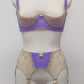 Lilac with beige lace 6 strap retro style Mona garter belt with side lace panels, shown with matching Lucy quarter cup bra