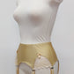 Beige high-waisted garter belt with lace side panels and hanging suspenders, displayed on a white mannequin torso against a light gray background.