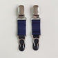 Pair of clip on suspenders with navy blue straps and metal stocking clips, 10cm /2" long