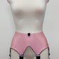 Pink high-waisted garter belt with black trim and black clips, displayed on a white mannequin torso against a light gray background.