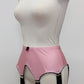 Pink high-waisted garter belt with extra wide black straps and bows