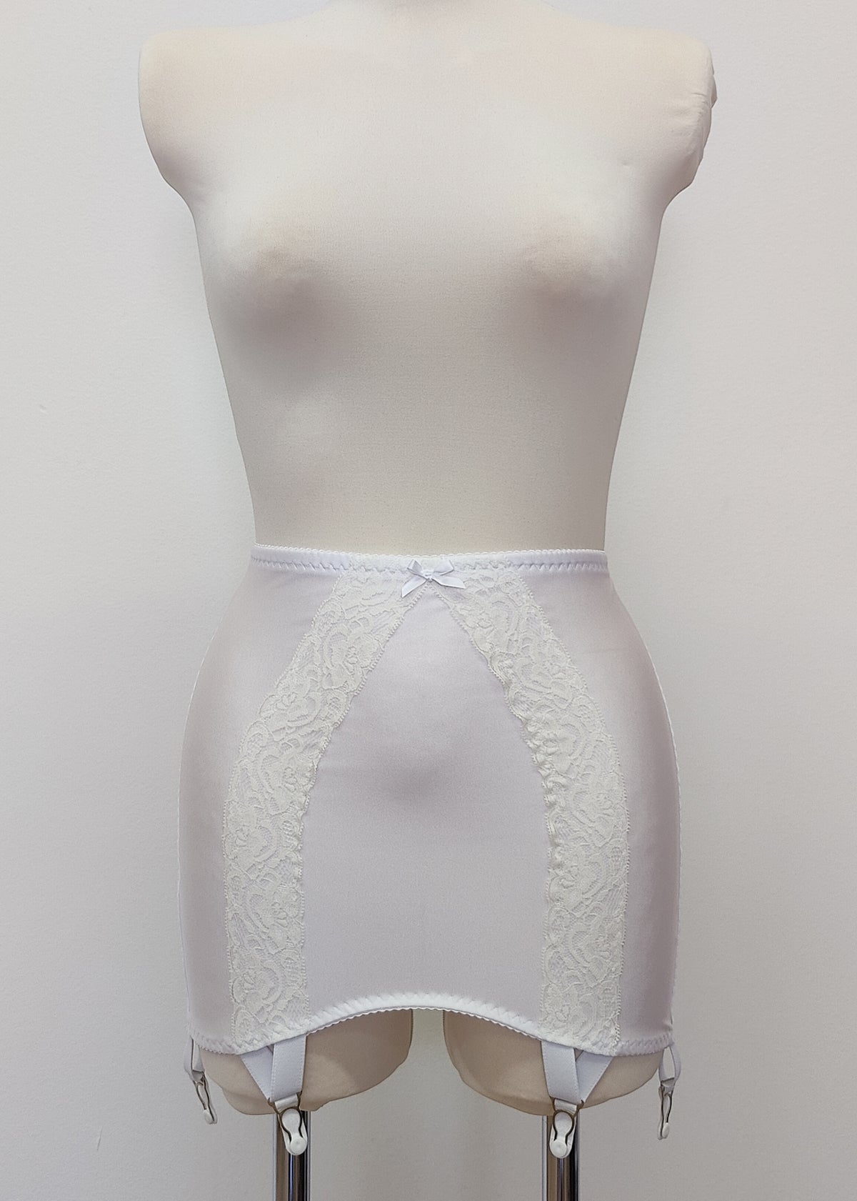 white 6 strap Rhonda open bottom girdle, with  lace trim on the front