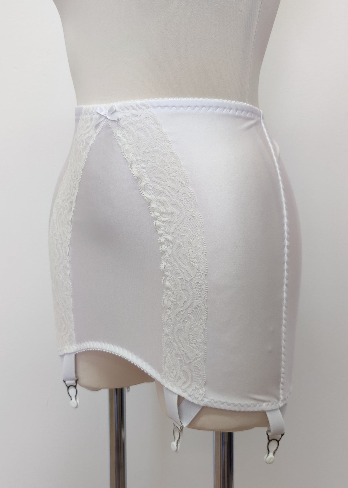 white 6 strap Rhonda open bottom girdle, with  lace trim on the front