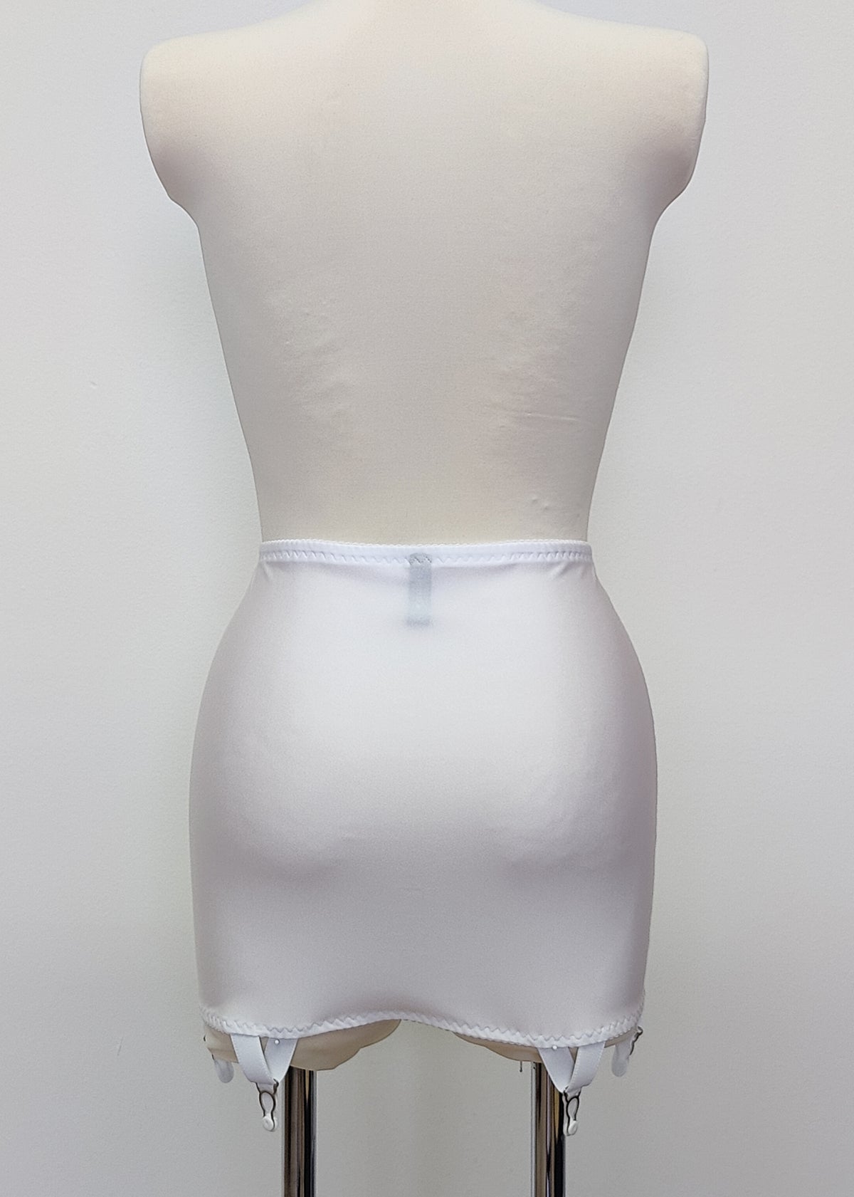 white 6 strap Rhonda open bottom girdle, with  lace trim on the front, back view