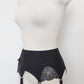 black, retro style, 6 strap Scarlett garter belt with black straps and lace side inserts, side view
