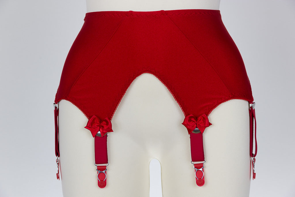 red wide 6 strap garter belt with bows on the front straps