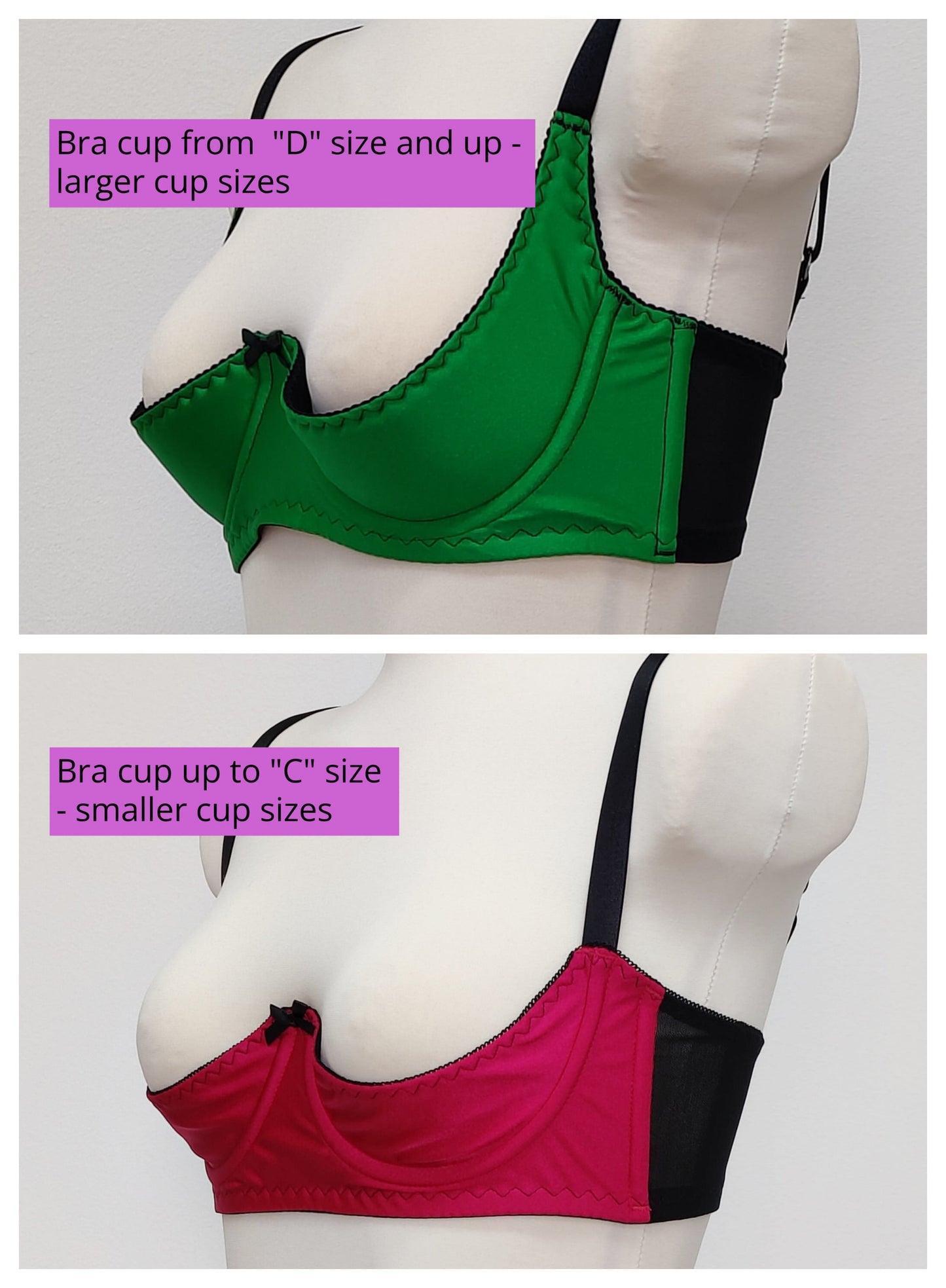 Two bras on mannequins with text indicating size ranges.