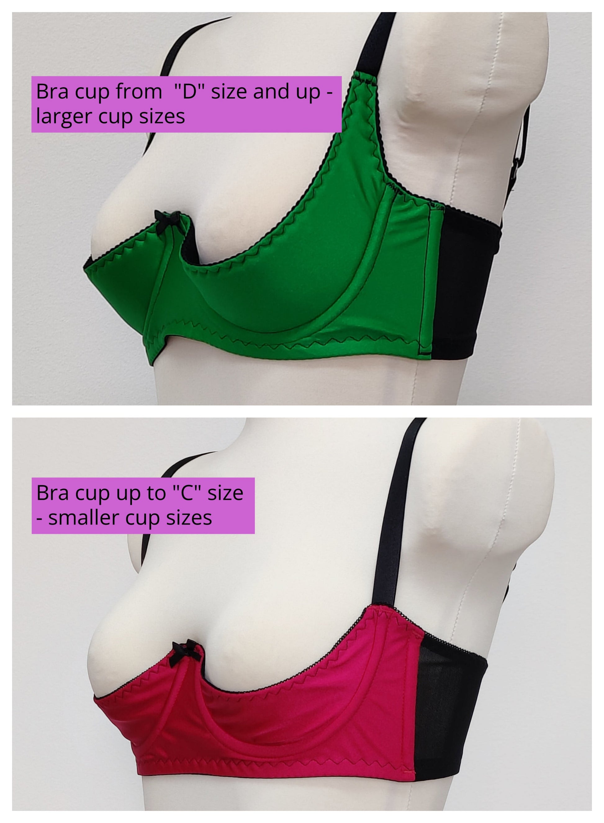 Two bras on mannequins with text indicating size ranges.