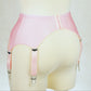 pink 6 strap garter belt with lace side panels, back view