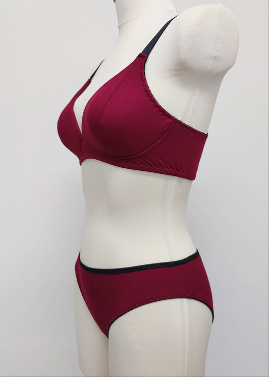 burgundy red cotton bralette Olivia, shown with matching Kim panties, side view