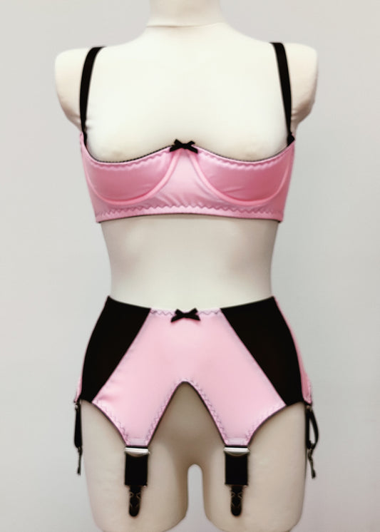 pink and black panels, wide 6 strap garter belt