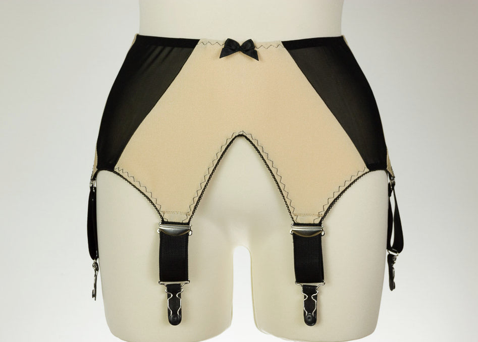 beige and black extra wide 6 strap garter belt
