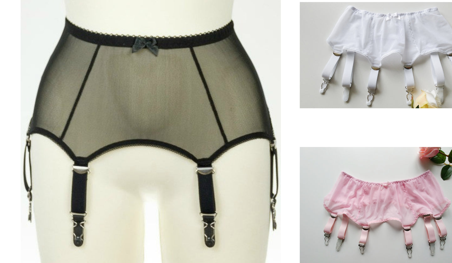 Black White Pink Beige Sheer mesh LULA Garter belt Transparent Suspender Belt
